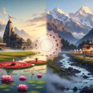 A serene, ethereal landscape depicting the spiritual essence of Sitapur in Uttar Pradesh and Sitapur in Uttarakhand. The left side of the image features Sitapur, UP, with its lush green fields, ancient temples, and vibrant cultural motifs like lotus flowers and mandalas. The right side portrays Sitapur, Uttarakhand, with its majestic Himalayan backdrop, tranquil rivers, and serene ashrams. Both sides are united by a glowing mandala in the center, symbolizing spiritual harmony. The scene is illuminated by soft, pastel lights of pale pink and warm gold, capturing the essence of a mystical pilgrimage. The art style is hyperrealistic yet surreal, blending traditional Indian elements with modern digital aesthetics.