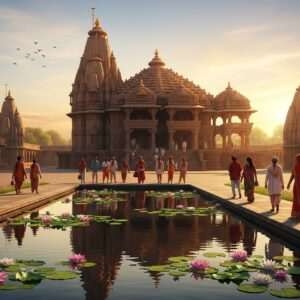 A breathtaking scene of Sitapur's most revered temples, depicted in a fusion of traditional Indian art and modern digital aesthetics. The temples are intricately detailed with ancient architectural motifs, bathed in the golden light of a setting sun, casting a serene glow across the scene. In the foreground, a tranquil pond reflects the temples, surrounded by blooming lotus flowers. Pilgrims dressed in colorful traditional Indian attire walk along the path, their expressions filled with awe and devotion. The sky above is a blend of pastel hues, with soft, ethereal clouds and subtle hints of mandalas gently glowing in the atmosphere. This image embodies a harmonious blend of heritage and innovation, inviting viewers to explore the divine beauty and spiritual depth of Sitapur's sacred sites.