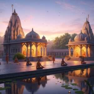 A serene scene depicting a tranquil Sitapur landscape, featuring an ancient mandir with intricately carved stone pillars and a serene ashram surrounded by lush greenery. The mandir is adorned with delicate lotus motifs and glowing mandalas, while the ashram has soft, ethereal lights creating a warm and inviting atmosphere. In the foreground, a calm water surface reflects the temple and ashram, enhancing the spiritual ambiance. The sky is painted in soft hues of pastel pinks and blues with gentle, floating clouds. Indian devotees in traditional attire are seen meditating peacefully, their faces radiating tranquility and mindfulness. The art style is hyperrealistic with a blend of traditional Indian art forms and modern digital aesthetics, using rich colors like gold, saffron, and peacock blue to highlight cultural motifs and provide a contemporary allure.