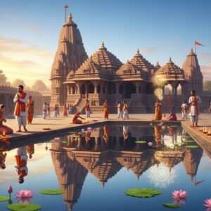 A serene, ethereal image of an ancient temple complex in Sitapur, bathed in the soft, golden light of dawn. The temple architecture is intricate and majestic, featuring detailed carvings and towering spires. In the foreground, a calm water surface reflects the temple, with delicate lotus flowers floating gently. Indian devotees in traditional attire are seen offering prayers, surrounded by glowing mandalas and spiritual symbols subtly integrated into the scene. The sky above is a blend of pastel blues and warm golds, creating a tranquil, spiritual atmosphere. The art style is a fusion of traditional Indian art forms with modern digital aesthetics, capturing the essence of spirituality and peace.