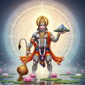 A serene and ethereal scene featuring Lord Hanuman, depicted as a majestic and powerful figure with a glowing aura. He stands with a peaceful expression, four arms gracefully holding a mace (gada) and a mountain in one hand, symbolizing strength and devotion. The backdrop is an intricate, glowing mandala with elements of Bengali script subtly integrated into its patterns. The color palette is soft with pastel blues, warm golds, and gentle pinks, creating a tranquil atmosphere. Surrounding Hanuman are delicate lotus flowers floating on calm water, reflecting the divine light. The entire composition exudes a sense of spiritual harmony, inviting viewers into a deeper understanding of the Hanuman Chalisa's meaning and benefits. The art style is hyperrealistic with a touch of surrealism, blending traditional Indian motifs with modern digital aesthetics.