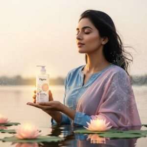 An elegant Indian woman with glowing, flawless skin stands beside a serene, calm water surface reflecting a soft morning sunrise. Her hair flows gently in the breeze, and she wears a modern yet traditional outfit in pastel hues of soft blue and pale pink. In her hand, she holds a bottle of Pilgrim face wash, illuminated by a warm golden light. Surrounding her are ethereal elements like glowing lotus flowers and subtle mandalas floating in the air. The overall scene exudes tranquility and mindfulness, with a subtle touch of modern digital aesthetics, inviting viewers to start their day fresh and rejuvenated.