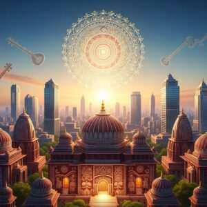 A hyperrealistic digital illustration depicting the essence of Amravati Division's administrative identity. The scene features a modern Indian cityscape seamlessly blending with traditional architectural elements, such as intricately designed facades and domes inspired by Madhubani and Pattachitra art. In the foreground, an ethereal depiction of a glowing mandala hovers above the city, symbolizing governance and unity. The color palette includes deep maroon, saffron, and peacock blue, with golden accents representing prosperity and order. Soft, surreal lighting bathes the scene in tranquility, while cultural motifs subtly embellish the skyline. The overall composition conveys a sense of structure, function, and harmony, inviting viewers to explore the depth of Amravati's governance.