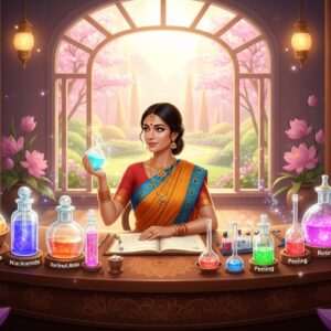 A serene and ethereal digital artwork featuring an Indian female alchemist in a tranquil, modern apothecary setting. She is surrounded by glowing, intricately designed glass bottles and vials containing vibrant substances, representing Niacinamide, Retinol, and various peeling solutions. The alchemist, dressed in a flowing sari in shades of peacock blue and saffron, holds a luminous vial in one hand, examining it thoughtfully. Her workspace is adorned with subtle cultural motifs like lotus flowers and mandalas etched into the wood, bathed in soft, warm light. The background features a large, ornate window with a view of a tranquil, pastel-colored garden. The scene conveys a blend of traditional wisdom and cutting-edge science, inviting readers into a world of skincare alchemy.
