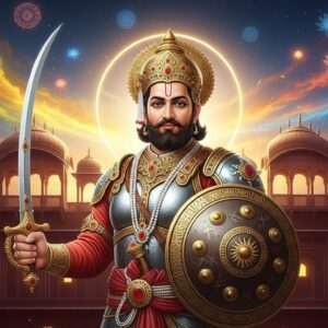 A majestic, intricately detailed scene depicting Bappa Rawal, the legendary ancestor of Maharana Pratap, in a regal, powerful stance. He stands adorned in traditional Rajput armor, with a gleaming sword in one hand and a shield embossed with ancient motifs in the other. The background features an ethereal blend of traditional Rajput architecture with elements of a grand palace, highlighted in deep maroon and gold tones. The sky is a swirl of warm saffron and peacock blue hues, dotted with glowing mandalas and symbolic lotus flowers. His face exudes a calm strength and wisdom, capturing the essence of his heroic legacy. The art style is hyperrealistic with a surreal touch, reflecting both traditional Indian heritage and modern digital aesthetics. A soft glow surrounds him, enhancing the spiritual and cultural significance of his tale.