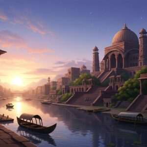 An enchanting landscape depicting the ancient city of Sakala, now known as Sialkot, set in a serene twilight atmosphere. The scene showcases the majestic ancient architecture with intricate carvings and pillars, enveloped in lush greenery. In the foreground, a peaceful river reflects the soft, ethereal glow of the setting sun, casting a warm golden light over the cityscape. Traditional boats float gently on the water, adding to the historical ambiance. The sky is painted with delicate hues of lavender and pink, dotted with soft, glowing stars. The art style is a blend of traditional Indian aesthetics and modern digital techniques, with rich colors like maroon, gold, and deep blue to evoke a sense of timelessness and intrigue. The image feels both historical and magical, inviting viewers to delve deeper into the rich heritage of Sakala.