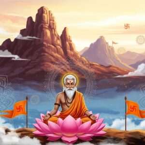 A serene, ethereal scene of the ancient Aravalli Range at sunrise, bathed in a golden, soft glow. Majestic mountains rise in the background, draped in hues of maroon and peacock blue. In the foreground, an Indian sage in traditional attire meditates on a lotus flower, surrounded by intricate mandala patterns and delicate, swirling clouds. The sage's serene expression reflects inner peace and spiritual enlightenment. Rich cultural motifs like saffron-colored banners and small Hindu spiritual symbols are subtly incorporated into the landscape. The atmosphere exudes tranquility and a deep connection to India's cultural heritage, with a modern digital aesthetic emphasizing vibrant colors and intricate details.