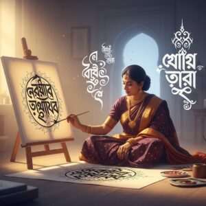A serene, ethereal depiction of a traditional Indian artist seated gracefully in a tranquil studio, surrounded by delicate, flowing Bengali calligraphy designs. The artist is dressed in an elegant, deep maroon and gold saree, adorned with intricate gold jewelry. Her focused expression reflects a deep connection with her art. Soft, glowing pastel lights illuminate the scene, casting a warm golden hue over the intricate patterns on the canvas, reminiscent of ancient scripts. The backdrop features faint outlines of historical architecture, blending seamlessly with modern digital aesthetics. The overall atmosphere exudes a sense of cultural richness, serenity, and artistic passion, inviting viewers to delve deeper into the world of Bengali calligraphy and design.