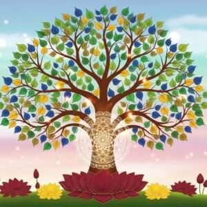 A serene, ethereal depiction of the Bodhi Tree, its branches wide and leaves lush in vibrant shades of green, gold, and peacock blue. Underneath, an intricately designed mandala glows softly, symbolizing enlightenment and spiritual awakening. The backdrop features a gentle blend of pastel colors—soft blue and pale pink—creating an atmosphere of tranquility and mindfulness. Around the tree, subtle glowing lights highlight the cultural significance, while lotus flowers in maroon and saffron bloom at the base. The scene is framed by traditional Indian patterns, weaving elements from Madhubani and Pattachitra art styles, creating a harmonious blend of heritage and modern digital aesthetics. The setting suggests a peaceful sanctuary, inviting the viewer to explore the cultural richness and significance of the Bodhi Tree across different languages and traditions.