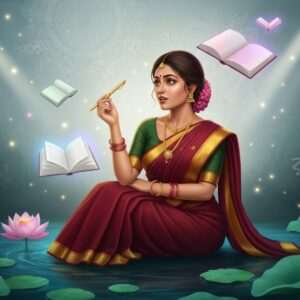 A serene and ethereal scene depicting a beautiful Indian woman in a traditional Bengali saree (rich maroon and gold), gracefully sitting by a tranquil lotus pond. Her expression is one of curiosity and contemplation as she delicately holds a golden pen, with soft, glowing pastel-colored books and scrolls floating around her, symbolizing knowledge and learning. The background features a surreal blend of intricate mandalas and stylized Bengali script patterns in a subtle, mystical aura. Gentle beams of light illuminate the scene, emphasizing harmony and mindfulness. The art style is hyperrealistic with a touch of fantasy, drawing inspiration from high-quality digital concept art. The overall tone is inviting, elegant, and culturally rich.