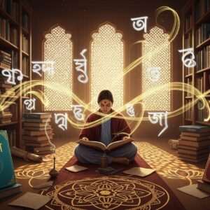 An ethereal scene depicting a serene Indian scholar, deeply focused, sitting amidst a tranquil library filled with ancient scrolls and vibrant books with Bengali script. The atmosphere is illuminated by soft, warm, golden light filtering through intricately designed lattice windows, casting glowing patterns of lotus flowers and mandalas on the floor. The scholar is surrounded by swirling, abstract representations of vowels, consonants, and matras in the form of luminous, flowing energy streams. The color palette is a harmonious blend of deep maroon, gold, and peacock blue, creating a modern yet traditional digital aesthetic. This image evokes a sense of intellectual curiosity and spiritual tranquility.