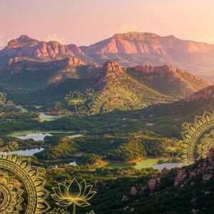 A breathtaking scene depicting the Aravalli Range as a majestic cosmic architect, sculpting India's landscape with divine precision. The rugged mountains rise in the background, their peaks brushed with soft pastel hues of dawn—pale pinks and warm golds. In the foreground, lush green valleys teeming with vibrant flora and serene water bodies reflect the celestial sky above. Intricate patterns of traditional Indian art subtly blend with modern digital aesthetics, creating a tapestry of golden mandalas and lotus flowers across the landscape. The ethereal glow of the scene emphasizes tranquility and mindfulness, inviting viewers into a realm where nature and spirituality harmonize. The overall ambiance is serene and surreal, capturing the essence of the Aravalli's timeless influence.