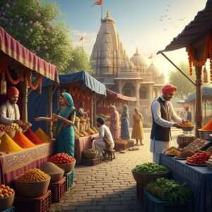 A vibrant street scene in the city of Batala, showcasing a bustling marketplace filled with stalls of colorful spices, fresh produce, and traditional Indian sweets. The backdrop features a beautifully intricate temple with ornate carvings, surrounded by lush greenery. The scene captures Indian locals in traditional attire, animatedly engaging with vendors. Soft, warm lighting casts a golden glow over the scene, highlighting the rich textures and deep colors of maroon, saffron, and peacock blue. The air is filled with a sense of community and cultural celebration, with subtle hints of spiritual motifs like small mandalas and lotus patterns woven into the stalls' fabric decorations. The art style is hyperrealistic with a modern digital touch, blending heritage with contemporary aesthetics.