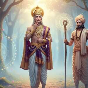 An ethereal scene depicting King Yayati, an Indian king in traditional royal attire, suddenly aged with white hair and a lined face, looking shocked and contemplative. He stands in a serene forest under a soft, glowing pastel light. To his side is Shukracharya, the sage, in traditional sage robes, his expression stern yet calm. Shukracharya is holding a staff, from which a subtle, mystical aura emanates, symbolizing the curse. The forest is adorned with intricate patterns and motifs of lotus flowers and mandalas, blending traditional Indian art with modern digital aesthetics. The colors are soft blues, pale pinks, and warm golds, creating a surreal, dreamlike quality. The atmosphere exudes tranquility and a sense of mystical retribution.