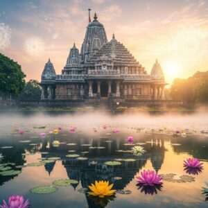 A serene and ethereal depiction of the Mahalaxmi Temple in Kolhapur, bathed in the golden glow of dawn. The temple's intricate architecture is adorned with traditional Indian patterns and motifs, blending seamlessly with a modern digital aesthetic. The scene is surrounded by lush greenery and vibrant lotus flowers in full bloom. A gentle mist floats around the temple, adding a mystical aura. In the foreground, a calm water surface reflects the temple's majestic structure. The sky is painted with soft pastel hues of pale pink and warm gold, with a hint of glowing mandalas subtly incorporated into the clouds. This harmonious blend of tradition and modernity invites viewers to uncover the secrets and history of this divine abode.