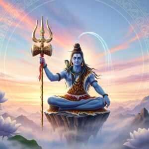 A majestic depiction of Lord Shiva holding the divine Trishula in his right hand. The Trishula is intricately designed with golden and silver embellishments, glowing subtly against the soft, ethereal light surrounding it. Lord Shiva is portrayed in a serene, meditative pose, with ash smeared on his forehead, blue skin, and flowing locks adorned with the crescent moon and the Ganga river. He sits atop a mountain peak surrounded by wisps of mist, with a backdrop of an expansive, pastel-colored sky at dawn. The scene is suffused with tranquility and spiritual energy, with elements like softly glowing mandalas and lotus flowers subtly incorporated into the background. The art style is hyperrealistic, combining traditional Indian aesthetics with a modern digital touch to create a visually captivating image that draws the viewer into the profound symbolism of the Trishula.