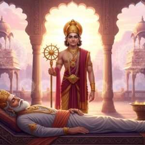 An ethereal and serene scene depicting the transition of power in ancient India. In the foreground, Bindusara, an elderly Indian king with regal features, lies peacefully on an ornate bed adorned with intricate traditional patterns, his face calm and dignified. Behind him stands a young Asoka, his presence powerful and determined, wearing a rich maroon robe with gold embroidery. He holds a golden chakra in one hand, symbolizing his future as a great ruler. The background features a blend of ancient Indian architecture with glowing mandalas and soft pastel hues of dawn, symbolizing new beginnings. The atmosphere is dreamlike, capturing the essence of historical transition with a modern digital aesthetic that highlights the grandeur and spirituality of the moment. The lighting is soft, with a warm glow that emphasizes the cultural motifs and the spiritual significance of the scene.