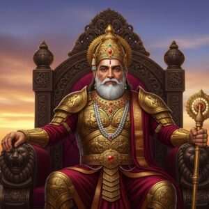 In a grand, ethereal setting, depict Emperor Bindusara in his regal attire, adorned with intricate gold and maroon armor, seated majestically on an ornate throne. The backdrop features a serene, twilight sky with hues of deep saffron and indigo, symbolizing the end of an era. Surrounding him are subtle elements of ancient Indian architecture, like grand pillars and delicate latticework. In the foreground, a soft, glowing mandala gently illuminates the scene, with lotus flowers subtly integrated into the design, embodying his legacy. The Emperor's expression is one of wisdom and contemplation, reflecting both his power and the lasting impact of his reign. The overall composition blends traditional Indian motifs with a modern digital aesthetic, creating a hyperrealistic yet dreamlike atmosphere.