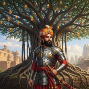 An intricate digital illustration featuring Bappa Rawal, the legendary ruler, dressed in traditional Rajput attire with ornate armor and a regal turban. He stands proudly beneath a sprawling, ancient banyan tree symbolizing his extensive lineage. The tree's branches stretch across the canvas, each adorned with small, glowing orbs representing his descendants. The background showcases a blend of historic and modern architectural elements, symbolizing the timeless influence of his legacy. Rich hues of maroon, saffron, and gold dominate the scene, while subtle patterns reminiscent of Madhubani art embellish the borders. The atmosphere is serene and majestic, with soft light filtering through the leaves, casting a warm glow over the scene, inviting readers into a journey through history.