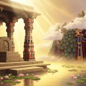 A serene, ethereal depiction of an ancient Indian royal resting place, surrounded by intricately carved stone pillars adorned with traditional Pattachitra motifs. In the foreground, a tranquil pond reflects the soft glow of warm golden light, with delicate lotus flowers floating gracefully. The background features a subtle, majestic representation of Bappa Rawal's successors, their regal attire detailed with rich maroon and peacock blue hues. The scene is bathed in a mystical, dreamlike ambiance with soft pastel clouds and gentle rays of sunlight filtering through, symbolizing the enduring legacy. The overall composition is hyperrealistic and imbued with spiritual tranquility.