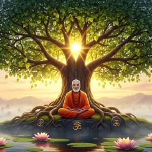 A serene, ethereal scene depicting the sacred Bodhi Tree, its vast canopy of leaves glowing with a warm, golden light that filters through the branches, casting a mosaic of intricate patterns on the ground. In the background, a tranquil setting with a soft pastel palette of pale blues and warm golds enhances the spiritual ambiance. At the base of the tree, an Indian sage is seated in meditation, draped in traditional saffron robes, exuding an aura of tranquility and wisdom. The surrounding area is adorned with delicate lotus flowers and subtle Hindu spiritual symbols, creating a harmonious blend of heritage and modern aesthetics. The atmosphere is peaceful and surreal, inviting readers to delve deeper into the legacy of this sacred tree. The style is hyperrealistic with a touch of fantasy, capturing the essence of spirituality and timelessness.