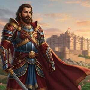 A regal portrait of Bappa Rawal, the legendary 8th-century ruler, depicted as a valiant and dignified warrior. He stands proudly with a sword sheathed at his side, clad in intricately designed armor that blends traditional Rajputana motifs with modern digital aesthetics. His attire is adorned with rich, deep colors like maroon and peacock blue, accented with gold detailing. Behind him, the grandiose Chittorgarh Fort stretches into the horizon, bathed in the soft glow of a setting sun that casts a warm, ethereal light over the scene. The sky is filled with swirling pastel clouds, creating a serene yet powerful atmosphere. The landscape is dotted with stylized lotus flowers and subtle hints of cultural symbols, reinforcing his legacy. The art style is hyperrealistic with a touch of fantasy, capturing the essence of courage and leadership in a majestic, dreamlike setting.