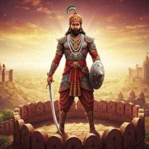 A majestic scene depicting Bappa Rawal, the legendary founder of the Guhila Dynasty, standing valiantly atop a fortified hilltop. He is clad in regal, traditional Rajput armor, with intricate patterns inspired by Pattachitra and Phad art. His stance is commanding, holding a gleaming sword in one hand and a shield in the other. The background showcases an expansive view of the Mewar region, with ancient forts and temples dotting the landscape under a sky painted in shades of saffron and maroon. The image is imbued with a surreal glow, highlighting the historical grandeur. The art style is a harmonious blend of traditional Indian artistry with modern digital aesthetics, capturing both the legacy and the ethereal beauty of his empire.