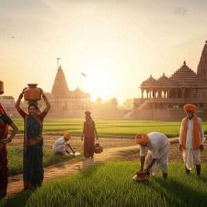 A serene, ethereal scene depicting the rich cultural tapestry of Surajpur, featuring a vibrant Indian village landscape. In the foreground, a group of Indian villagers engaged in traditional activities, such as women in colorful sarees carrying pots and men in dhotis tending to lush green fields. The background showcases the harmonious layout of Surajpur, with distinct tehsils and blocks illustrated through traditional architecture like temples and community gathering spots. The scene is bathed in warm, golden sunlight with a soft glow, and intricate patterns of lotus flowers and mandalas subtly integrated into the sky. The color palette includes deep maroons, peacock blues, and saffron, capturing the blend of heritage with modern digital aesthetics. The overall tone is one of tranquility and cultural richness, drawing the viewer into the heart of Surajpur's fabric.