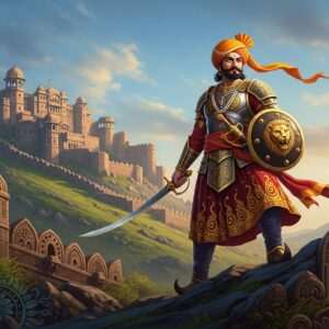 A majestic depiction of Bappa Rawal, the legendary Indian warrior, standing valiantly atop a hill with the backdrop of a grand, ancient fort. He is clad in traditional Rajput armor, intricately designed with gold and maroon patterns, and adorned with a vibrant saffron turban. His expression is one of determination and bravery, with piercing eyes focused on the horizon. In his right hand, he wields a gleaming sword that catches the golden sunlight, while his left hand holds a shield embossed with a lion motif. The scene is set under a dramatic sky with soft, ethereal hues of blue and orange, highlighting the surreal and heroic atmosphere. Rich, deep colors and intricate cultural motifs are woven into the landscape, creating a harmonious blend of heritage and modern digital artistry. The image conveys strength, honor, and the indomitable spirit of Bappa Rawal.