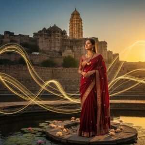 A majestic view of the Chittorgarh Fort, bathed in the golden glow of a setting sun. The fort's towering stone walls and intricate Rajput architecture are highlighted, with the iconic Vijay Stambh standing proudly against the sky. In the foreground, an elegant Indian woman in a flowing maroon saree with gold embroidery gazes at the fort, embodying reverence and awe. Lotus flowers bloom around her, and ethereal wisps of light dance in the air, creating a surreal and spiritual atmosphere. The color palette features rich golds, maroons, and peacock blues, blending traditional Indian artistry with modern digital aesthetics. The scene captures the historical grandeur and cultural richness of this UNESCO World Heritage Site.
