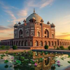A majestic, hyperrealistic portrayal of Sher Shah Suri's tomb at Sasaram, set against a vibrant dawn sky with hues of saffron and peacock blue. The tomb's intricate Indo-Islamic architecture is highlighted with ornate patterns and detailed stone carvings, reflecting the grandeur of the era. Surrounding the tomb, lush green gardens with lotus ponds and peacocks add to the ethereal ambiance. The scene is bathed in soft, glowing light that casts gentle reflections on the water surfaces, creating a serene and spiritual atmosphere. This image blends traditional architectural beauty with a modern digital aesthetic, capturing the historical essence and inviting exploration.