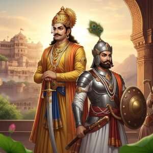 A majestic and intricate scene depicting the proud lineage of the Guhila Dynasty, featuring Bappa Rawal and Maharana Pratap in traditional royal attire. Bappa Rawal, standing tall with a regal sword in hand, is adorned in a saffron and gold robe, his crown reflecting the ancient Indian craftsmanship. Beside him, Maharana Pratap is depicted with his iconic Rajput armor, a peacock feathered helmet, and a determined gaze. The backdrop showcases the grand Chittorgarh Fort under a soft, ethereal light, with detailed patterns reminiscent of Phad and Pattachitra art subtly infused into the architecture. The scene is set during a golden sunset, casting a warm glow over the figures and landscape, with hints of lotus motifs in the foreground. The overall composition blends traditional Indian artistry with modern digital aesthetics, creating a captivating and serene visual narrative of valor and heritage.