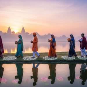 A serene, ethereal scene depicting a diverse group of Indian pilgrims walking along a tranquil riverbank at sunrise, each carrying a small bundle or offering. They are dressed in traditional yet modern attire with deep, rich colors like maroon and peacock blue. The scene is bathed in a warm golden glow, with soft pastel-colored skies and a backdrop of ancient temples in the distance. Intricate patterns of lotus flowers and mandalas are subtly woven into the landscape, symbolizing spiritual growth and enlightenment. The reflection of the pilgrims and the soft glowing lights on the calm water surface enhance the sense of tranquility and mindfulness, inviting viewers to join the journey inward. The image is hyperrealistic yet surreal, capturing the essence of a spiritual yatra and its deeper meaning.