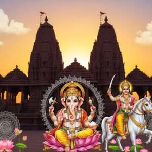 A majestic scene featuring the Ganpati and Khandoba temples in Pali, bathed in the soft glow of a golden sunset. The temples are intricately designed, showcasing traditional Indian architectural elements with ornate carvings and vibrant colors like maroon and peacock blue. In the foreground, an ethereal depiction of Lord Ganpati with four hands, holding a lotus, an axe, a modak, and a noose, and Lord Khandoba astride a white horse, wielding a sword. Surrounding them are serene, glowing lotus flowers and mandalas, with soft pastel clouds above. The atmosphere is tranquil and spiritual, with a sense of deep heritage and faith. The scene blends modern digital aesthetics with traditional art forms, capturing the timeless essence of these revered sites.