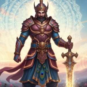 A majestic scene depicting the legendary Bappa Rawal, an iconic Indian warrior. He stands tall and proud, clad in intricately detailed armor that merges traditional Rajput designs with modern digital aesthetics. His eyes are fierce yet wise, capturing his strength and leadership. In his right hand, he wields an enormous sword, shimmering with an ethereal glow, hinting at its legendary status. The background features a surreal landscape with softly glowing mandalas and serene, pastel-colored skies, evoking a sense of myth and grandeur. The color palette includes deep maroon, peacock blue, and warm gold, enhancing the regal atmosphere. Lotus flowers and traditional Indian patterns adorn the scene, blending heritage with modern digital artistry. This composition invites viewers to explore the fascinating lore of Bappa Rawal.