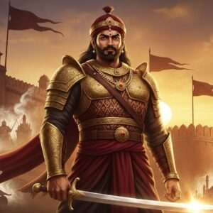 A majestic Indian warrior, Kalbhoj (Bappa Rawal), depicted with strong, regal features, wearing traditional Rajput armor embellished with intricate gold and maroon patterns. He stands valiantly against a backdrop of an ancient fort, with banners fluttering in the wind, symbolizing his conquests. The scene is bathed in the warm glow of a setting sun, casting long shadows that enhance the atmosphere of valor and nobility. In his hand, he holds a shining sword, reflecting light, and around him are faint, ethereal images of battles won and cities protected, portrayed in a surreal, dreamlike manner. The art style is hyperrealistic with elements of Indian traditional motifs subtly integrated into the composition. The overall tone is heroic and inspiring, capturing the essence of his legacy.