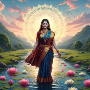 An ethereal scene depicting the sacred connection of Mata Sita to Sitapur. At the center, a graceful Indian woman resembling Mata Sita stands with serene poise, wearing a richly adorned saree in maroon and peacock blue, highlighted with intricate gold patterns. Her eyes are closed, exuding tranquility and wisdom. Behind her, a large glowing mandala emanates a soft golden light, symbolizing divinity. Around her, lush green landscapes reminiscent of Sitapur's historic richness are visible, with gently flowing water representing purity and spiritual depth. The sky is painted in pastel hues of dawn, with soft pink and blue blending into warm gold. Lotus flowers float on the water surface, adding to the scene's calmness. The overall atmosphere is serene and surreal, blending traditional Indian artistry with modern digital aesthetics to captivate and inspire readers to delve deeper into the legend.