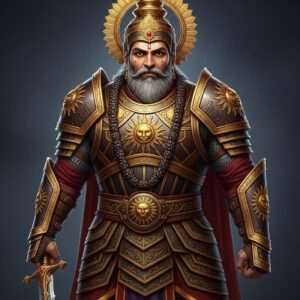 A striking portrait of Bappa Rawal, the legendary warrior-king, depicted in a hyper-realistic style that blends traditional Indian art with modern digital aesthetics. Bappa stands tall and imposing, clad in intricately designed armor adorned with rich hues of gold and maroon, echoing the grandeur of ancient Rajputana. His physique is muscular and commanding, a testament to his strength and valor. In his right hand, he holds his iconic sword, its blade shimmering with mystical patterns. The background features an ethereal landscape with softly glowing mandalas and stylized peacock feathers, symbolizing royalty and nobility. A subtle aura of light surrounds him, enhancing the spiritual and legendary aura of this historical figure. The scene captures the essence of bravery and heritage, drawing viewers into the captivating world of Bappa Rawal's legacy.