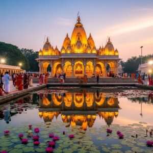 An ethereal depiction of the revered Mahalakshmi Temple in Karveer-Kolhapur, also known as Dakshin Kashi. The scene captures the temple's intricate architecture adorned with traditional Pattachitra motifs and glowing mandalas. The temple is enveloped in a warm, golden light, reflecting its spiritual significance. In the foreground, serene waters mirror the majestic structure, surrounded by vibrant lotus flowers and lush greenery. The sky is painted in pastel hues of soft blue and pale pink, with delicate clouds casting a tranquil aura. Indian devotees in traditional attire are seen paying homage, adding a touch of cultural authenticity. The overall atmosphere is serene, mystical, and imbued with a sense of ancient legend and modern aesthetics.