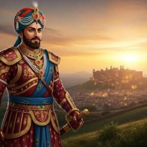 A regal Indian warrior prince, Bappa Rawal, standing on a lush green hilltop overlooking a vast kingdom. He is adorned in intricately detailed traditional Rajput armor, with a golden turban and ornate jewelry. His expression is one of wisdom and strength. The background features a grand, ancient fort with majestic spires, bathed in the warm glow of a setting sun. Rich, deep colors like maroon, gold, and peacock blue dominate the scene, with intricate patterns reminiscent of Madhubani and Phad art subtly integrated into his attire. The sky is a mesmerizing blend of saffron and dusky blue, with soft, glowing lights and distant clouds creating an ethereal ambiance. The overall atmosphere conveys a sense of nobility, legacy, and timelessness.