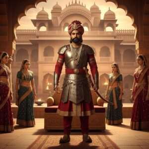 A majestic portrayal of Bappa Rawal, the legendary Indian ruler, standing regally in traditional Rajput attire, complete with a richly adorned turban and intricate armor. The background features a grand ancient Indian palace, with ornate architectural elements that reflect his era. His figure is surrounded by an aura of authority and wisdom, with his wives depicted gracefully in traditional attire, reflecting beauty and elegance. The scene is set against a backdrop of deep maroon and gold hues, with intricate patterns reminiscent of Pattachitra art, and softly glowing elements to add a surreal touch. The atmosphere conveys a sense of historical grandeur, nobility, and cultural richness, drawing the viewer into the intriguing legacy of Bappa Rawal.