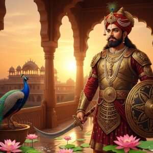 A regal Indian warrior, Kalbhoj, known as Bappa Rawal, stands proudly in traditional Rajput armor, intricately designed with gold and maroon patterns, reflecting the grandeur of his era. He is set against an ethereal backdrop of ancient Rajasthan's palatial architecture, bathed in the warm glow of a saffron sunset. His eyes are fierce yet contemplative, exuding wisdom and strength. The scene includes traditional elements like a majestic peacock perched nearby and a lotus pond at his feet. The art style combines digital realism with traditional Indian artistic motifs, creating a captivating and timeless visual narrative that invites readers to delve into the history of this legendary figure.