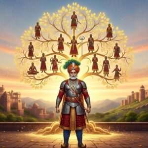 A regal Indian warrior, Bappa Rawal, stands proudly in traditional Rajput armor, with a majestic peacock feathered turban. He is surrounded by an ethereal, glowing family tree that branches out behind him, with each ancestor and descendant depicted as intricate, golden silhouettes. The background features a serene landscape with ancient fortresses and lush green valleys under a soft, pastel sky. The scene is infused with rich colors like maroon, saffron, and peacock blue, highlighting the heritage and nobility. Subtle patterns of lotus flowers and mandalas add to the elegance. The art style is hyperrealistic with a blend of traditional Indian art forms and modern digital aesthetics, embodying a sense of history, legacy, and honor.