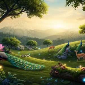 In a serene and ethereal landscape, a rich tapestry of the Aravalli hills unfolds, showcasing its thriving biodiversity. The scene is bathed in soft, warm gold and peacock blue hues, creating a dreamlike quality. Majestic peacocks with vibrant plumage stand amidst lush greenery, alongside gentle deer grazing. Intricate patterns of mandalas and lotus flowers subtly integrate into the landscape, blending traditional Indian art forms with modern digital aesthetics. Glowing lights highlight rare flora and fauna, emphasizing the region's conservation efforts. The scene captures a harmonious balance between nature and human efforts, inviting viewers to explore this living heritage further.