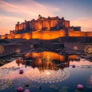 A breathtaking aerial view of the majestic Jalore Fort, rising grandly amidst the Aravalli hills at sunset. The fort's ancient stone walls are bathed in warm golden and maroon hues, with intricate carvings visible. Below, a serene scene unfolds with a tranquil waterbody reflecting the fort's grandeur and lotus flowers gently floating on the surface. In the foreground, traditional Indian motifs and spiritual symbols like a glowing mandala subtly blend into the landscape, adding a mystical aura. Soft, ethereal lighting casts a dreamlike quality over the scene, while peacock blue and saffron tones highlight the cultural richness. The sky is filled with gentle pastel colors, evoking a sense of tranquility and timelessness. This hyperrealistic, surreal depiction combines heritage with modern digital aesthetics, drawing viewers into the historical allure of Jalore Fort.