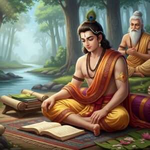 A young Bappa Rawal in a serene, ancient Gurukul setting, surrounded by lush green forests and a flowing river. He is depicted as a focused, determined student, sitting cross-legged with traditional Indian scriptures and scrolls around him. His attire is simple, yet regal, reflecting his royal lineage with subtle hints of gold and maroon. In the background, a wise sage with a long white beard observes him with pride, symbolizing mentorship and wisdom. The scene is illuminated with a soft, ethereal glow, accentuating the rich, deep colors of the environment and Bappa Rawal's clothing. Intricate patterns of lotus flowers and mandalas are subtly woven into the scenery, providing a mystical and spiritual ambiance. The image has a hyperrealistic quality, balancing traditional Indian art forms with modern digital aesthetics to capture the essence of a future king in the making.