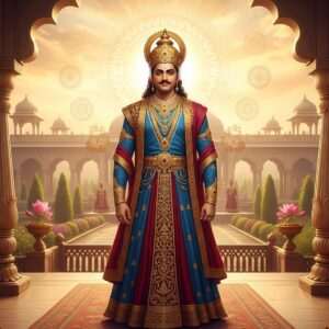 A regal and majestic scene depicting Emperor Bindusara, son of Chandragupta Maurya, in an elaborate royal setting. Bindusara is dressed in opulent Mauryan attire, with intricate golden embroidery and peacock blue and maroon robes, exuding authority and grace. He stands in front of a grand palace with ornate pillars and a backdrop of lush, verdant gardens. The scene is bathed in warm, golden light, highlighting the rich colors and textures. Surrounding him are symbolic motifs of the Mauryan legacy, such as the Ashoka Chakra and lotus flowers, subtly woven into the scene. In the sky, a soft glow creates an ethereal atmosphere, blending traditional Indian artistic elements with modern digital aesthetics to capture the grandeur and historical significance of Bindusara's dynasty. The image should be serene, photo hyper-realistic, and evoke a sense of timeless heritage.