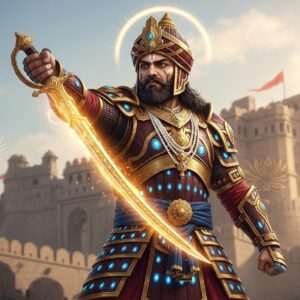 An imposing Indian warrior, Bappa Rawal, stands in a commanding pose against a backdrop of an ancient fortress. He is clad in intricately detailed traditional Rajput armor, featuring gold and maroon hues, with peacock blue accents. His face is fierce yet regal, with a proud and determined expression. In his right hand, he wields a large, ornately decorated sword that glows softly with a warm golden light, highlighting its sharpness and historic significance. The scene is illuminated by a surreal glow, with soft pastel clouds in the sky and subtle spiritual motifs woven into the background. The overall atmosphere is one of strength and honor, paying homage to Bappa Rawal's legendary legacy in a hyperrealistic and ethereal art style.