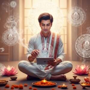 A serene, ethereal depiction of a modern Indian devotee sitting cross-legged with a digital tablet in their lap, surrounded by a tranquil space filled with softly glowing mandalas and lotus flowers. The devotee, dressed in a traditional yet contemporary fusion attire, exudes calmness and focus as they perform an e-puja. In the background, a digital interface subtly integrates with traditional spiritual elements like incense smoke swirling into digital patterns, and soft pastel colors (pale pink, warm gold, soft blue) cast a gentle glow. The scene should be hyperrealistic with an ethereal, surreal quality, emphasizing the blend of heritage and innovation in modern devotion.