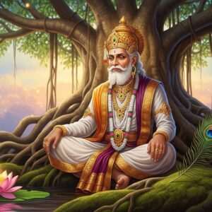An ethereal depiction of King Yayati, an elderly Indian man with a regal yet contemplative expression, sitting under a grand, ancient banyan tree. The scene is suffused with a serene, spiritual glow, highlighting the intricate patterns of his royal attire adorned with gold and maroon accents. Surrounding him are symbolic elements of desire and contentment—a blooming lotus representing spiritual awakening, and a peacock feather symbolizing beauty and longing. The background is a dreamlike blend of pastel hues with soft, glowing lights casting an aura of wisdom. The art style is hyperrealistic with a touch of surrealism, evoking tranquility and introspection, encouraging viewers to delve into the deeper lessons of the story.